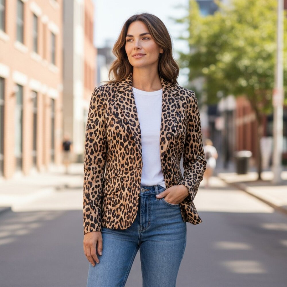 Designer Jones New York Signature Animal Print Cotton Blend Blazer Size 10.R